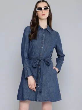 Women's Solid Navy Spread Collar Dress